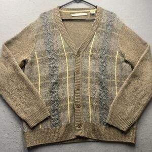VTG Perry Ellis XL Wool Cashmere Blend Cable Knit Cardigan Brown Button Front